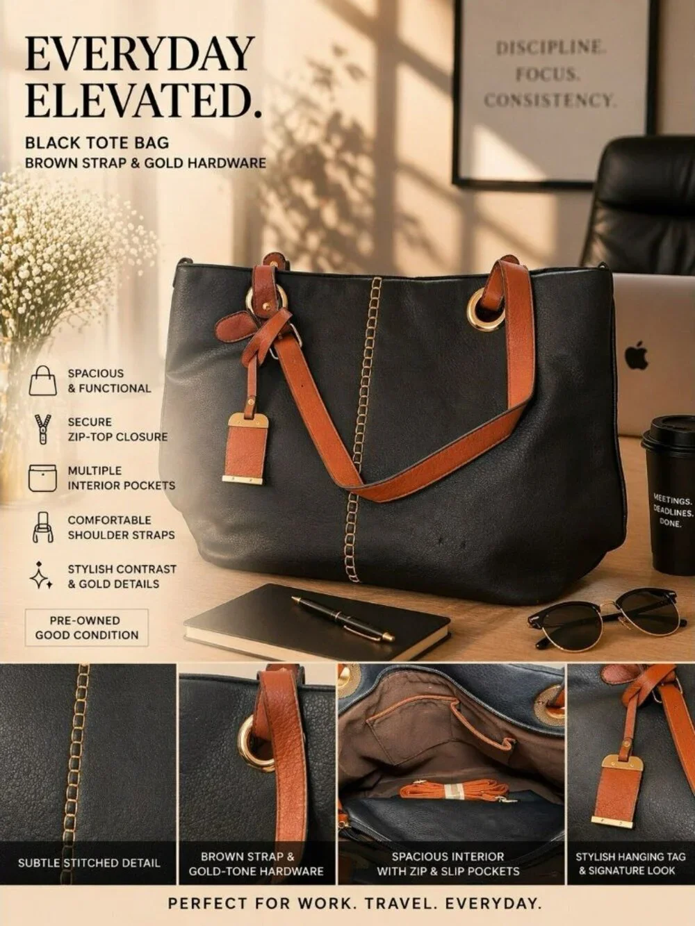 Black Faux Leather Tote Bag Brown Strap Gold Hardware Large Shoulder Bag